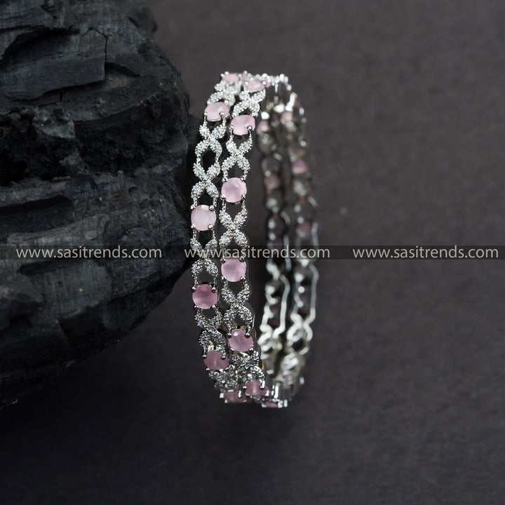 Trendy Rhodium Silver Plated Bangles with Pink Stones and American Diamond Stones - Fashion Jewelry