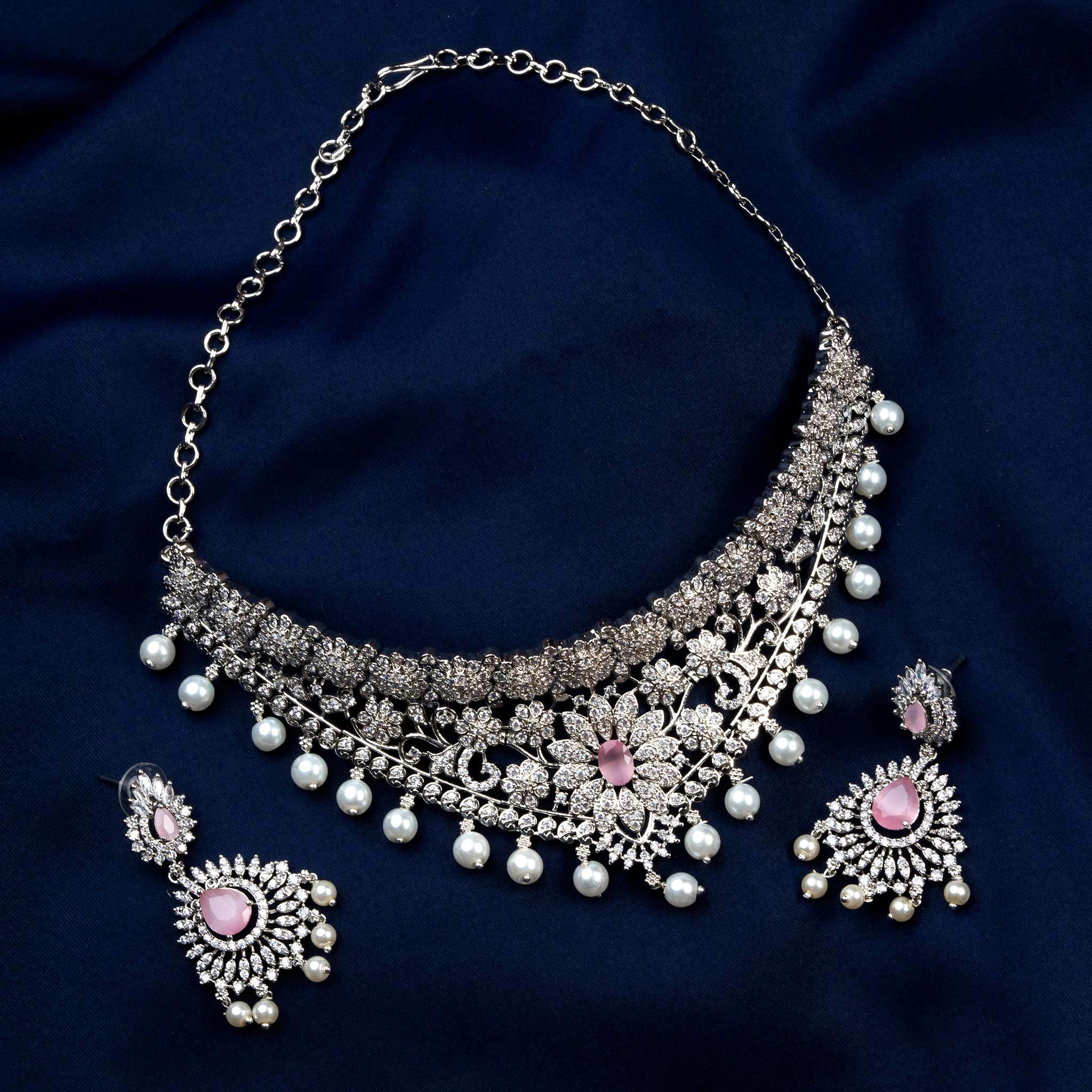 Rhodium Silver Plated Wedding Choker Necklace Set with Pink Stones, American Diamonds, and Pearl Drops - Gorgeous Floral Design