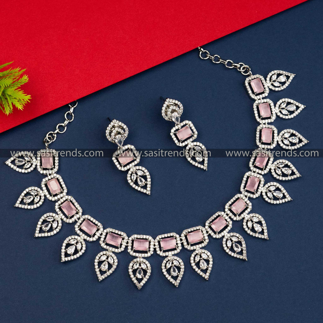 Rhodium Silver Plated Pink Stone AD Necklace Set with Floral Pattern - Elevate Your Style with This Beautiful and Unique Jewelry.