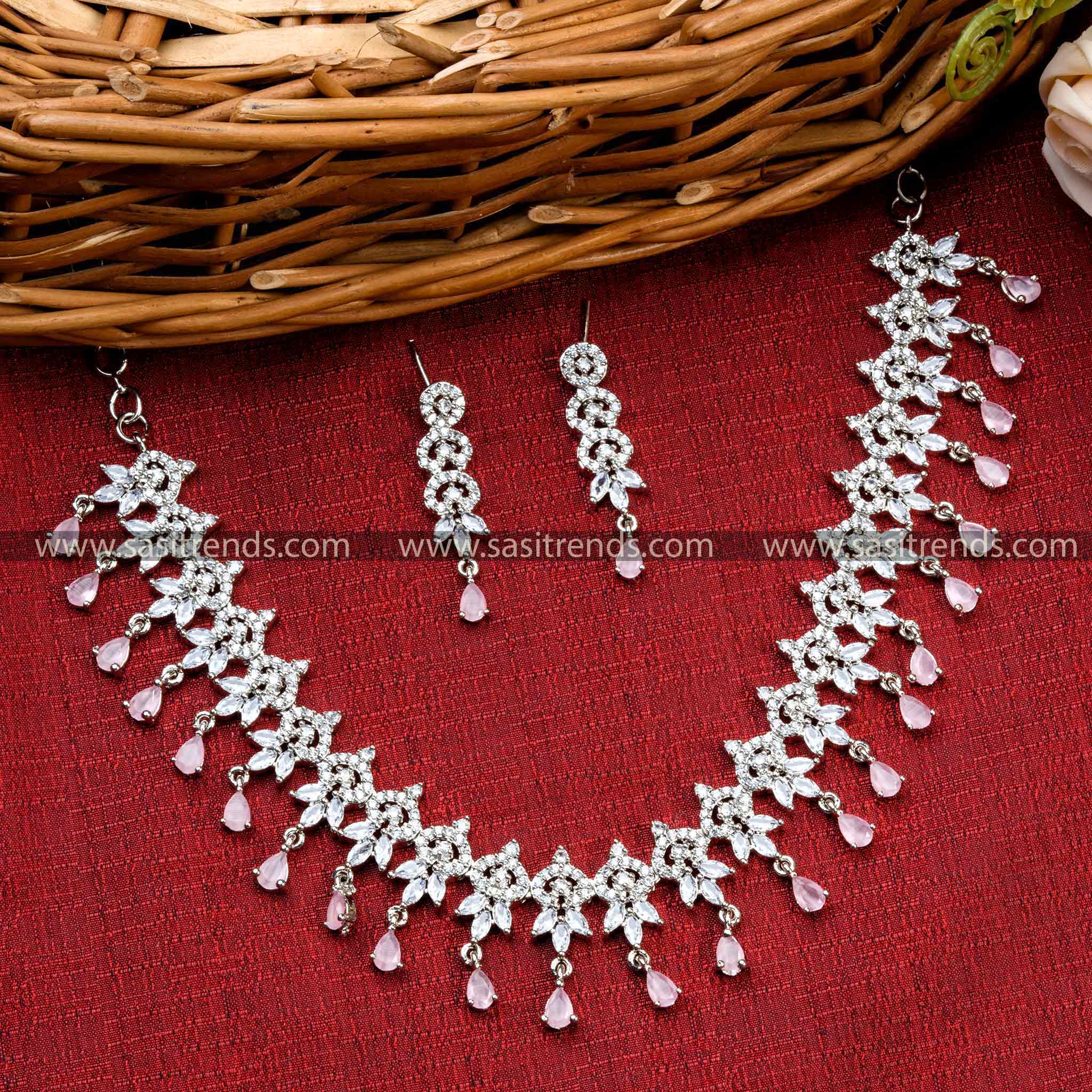 Pink Stone Necklace with Rich Floral Pattern, American Diamonds, and Rhodium Silver Plating - Perfect Party Wear Jewelry Set