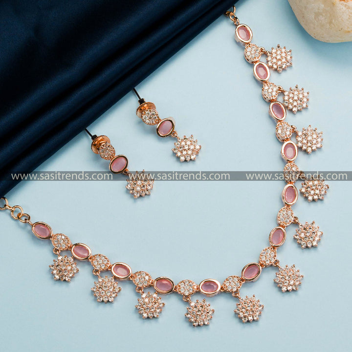 Pretty in Pink! Rose Gold Necklace Set with Pink Stones - American Diamond Floral Charm