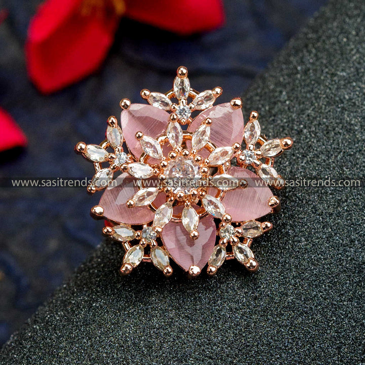 Rose Gold Plated Floral Ring with American Diamonds in Lovely Pink - Ideal for Trendy Party Wear 