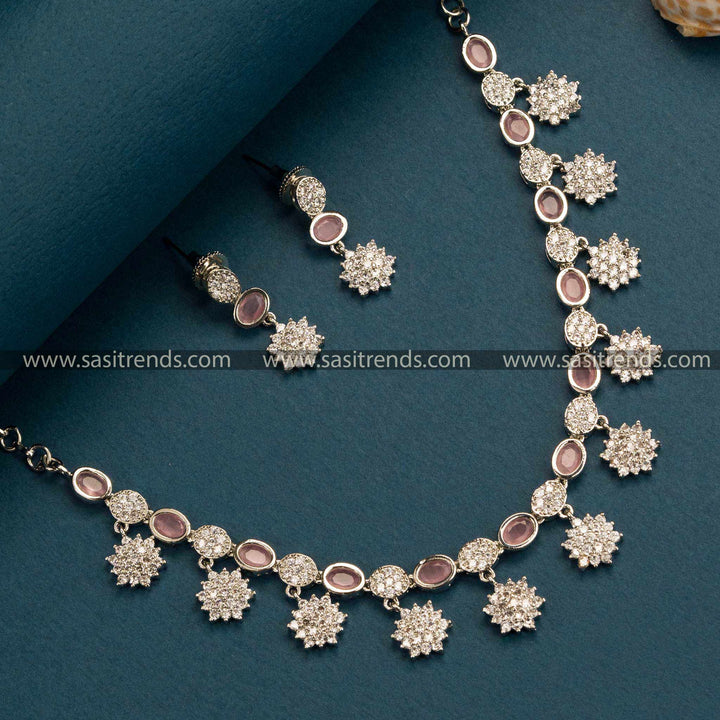 Fashionable Pink Floral Necklace Set with American Diamond Stones - Rhodium Silver Plated Trendy Party Wear Jewelry 