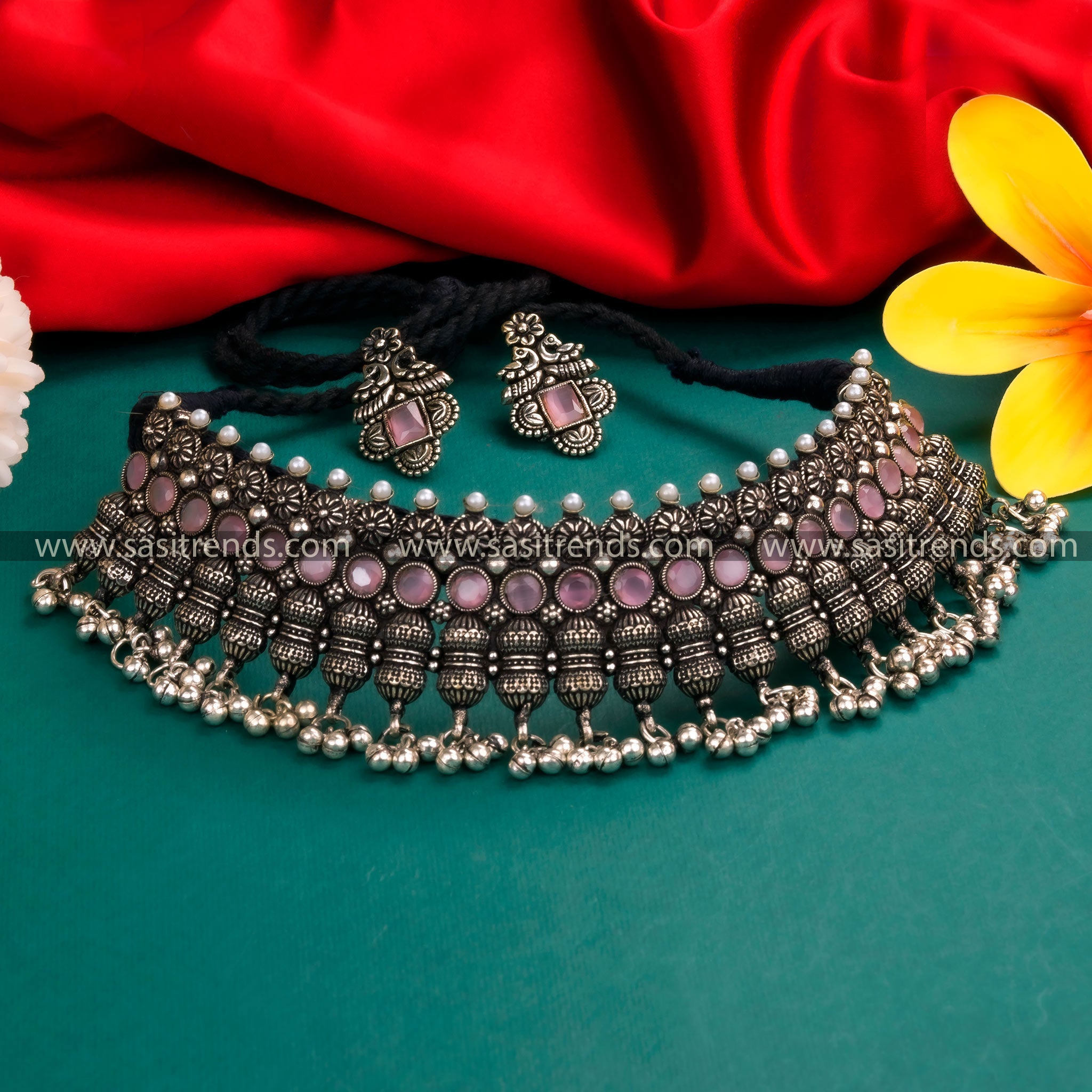 Traditional Floral Oxidized German Silver Choker Necklace with Pink Stones & Silver Tone Hangings. 