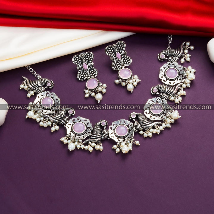 Elegant Pink Stone Necklace Set: Floral and Peacock Motifs, Oxidised German Silver, Earrings