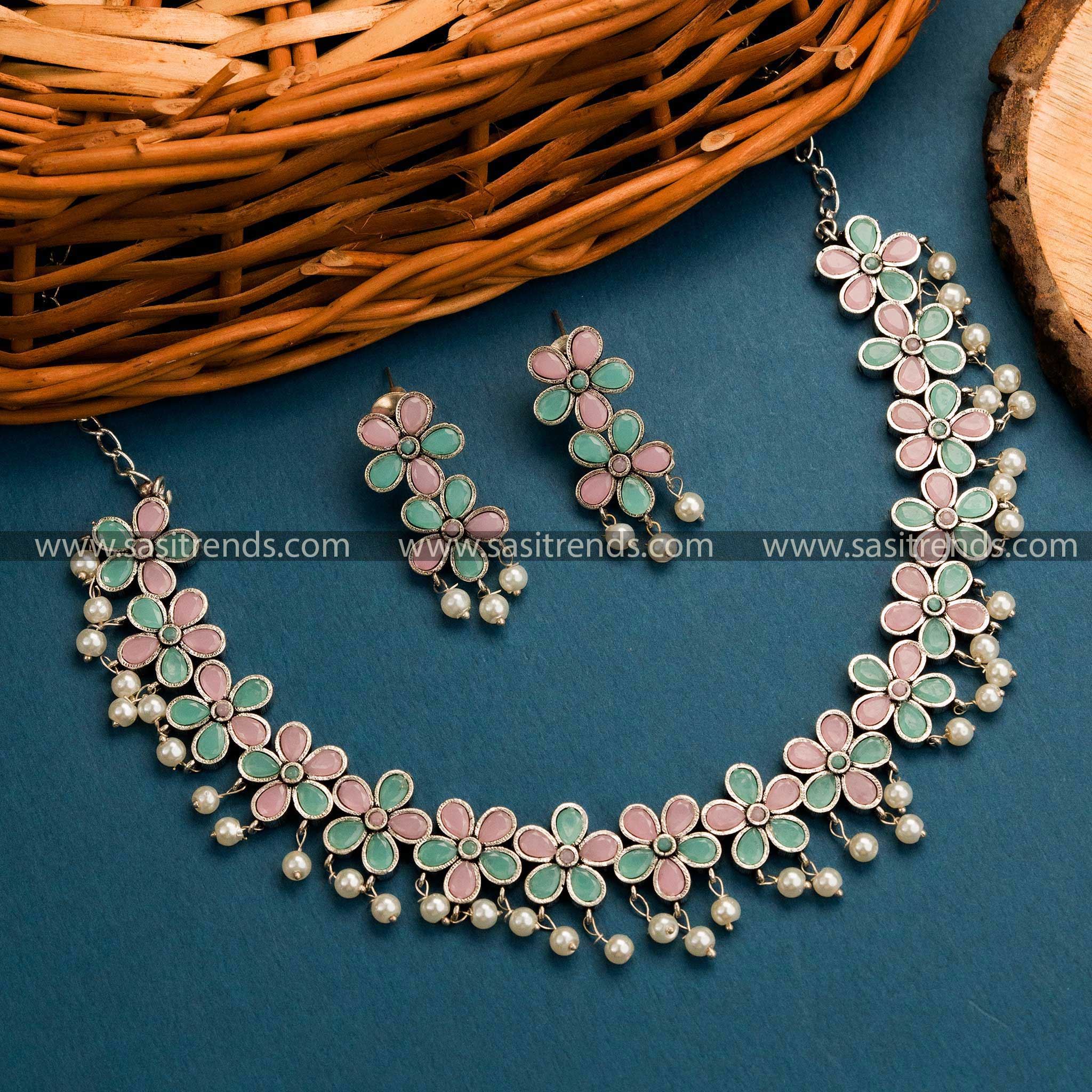 Trendy Oxidised German Silver Floral Necklace Set with Mint and Pink Stones - Perfect Blend of Elegance and Style