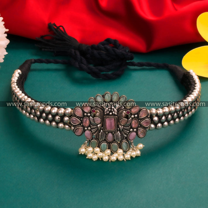 Diwali Special Kolhapuri Oxidized German Silver Floral Pendant Choker Necklace in Pink-Mint - Traditional Wear with Pearls and Stones