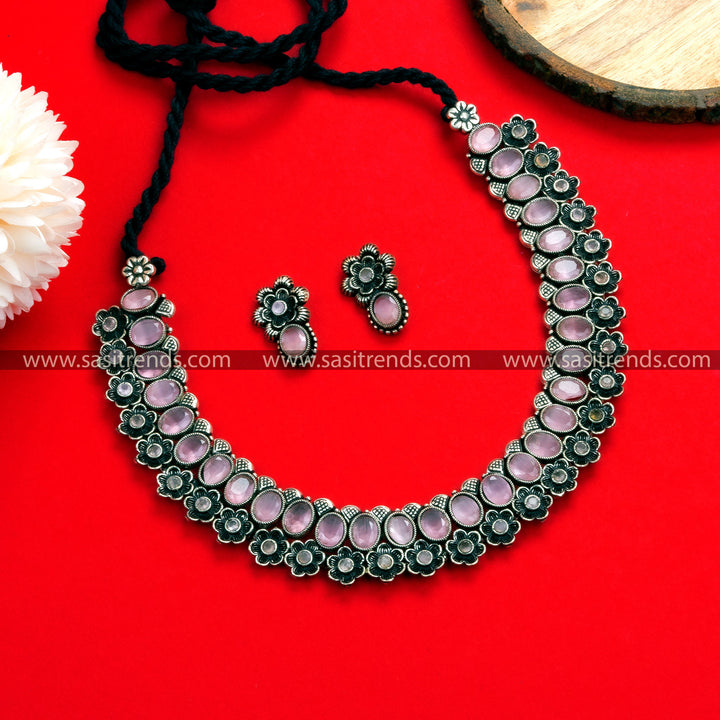 Chic Oxidized German Silver Necklace with Pink Stones - Perfect Party Wear Online