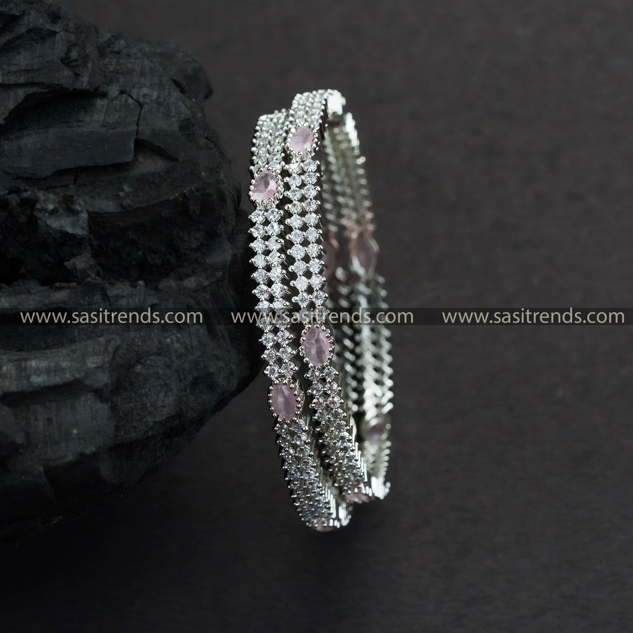 Rhodium Silver Plated Party Wear Bangles with Pink American Diamond Stones