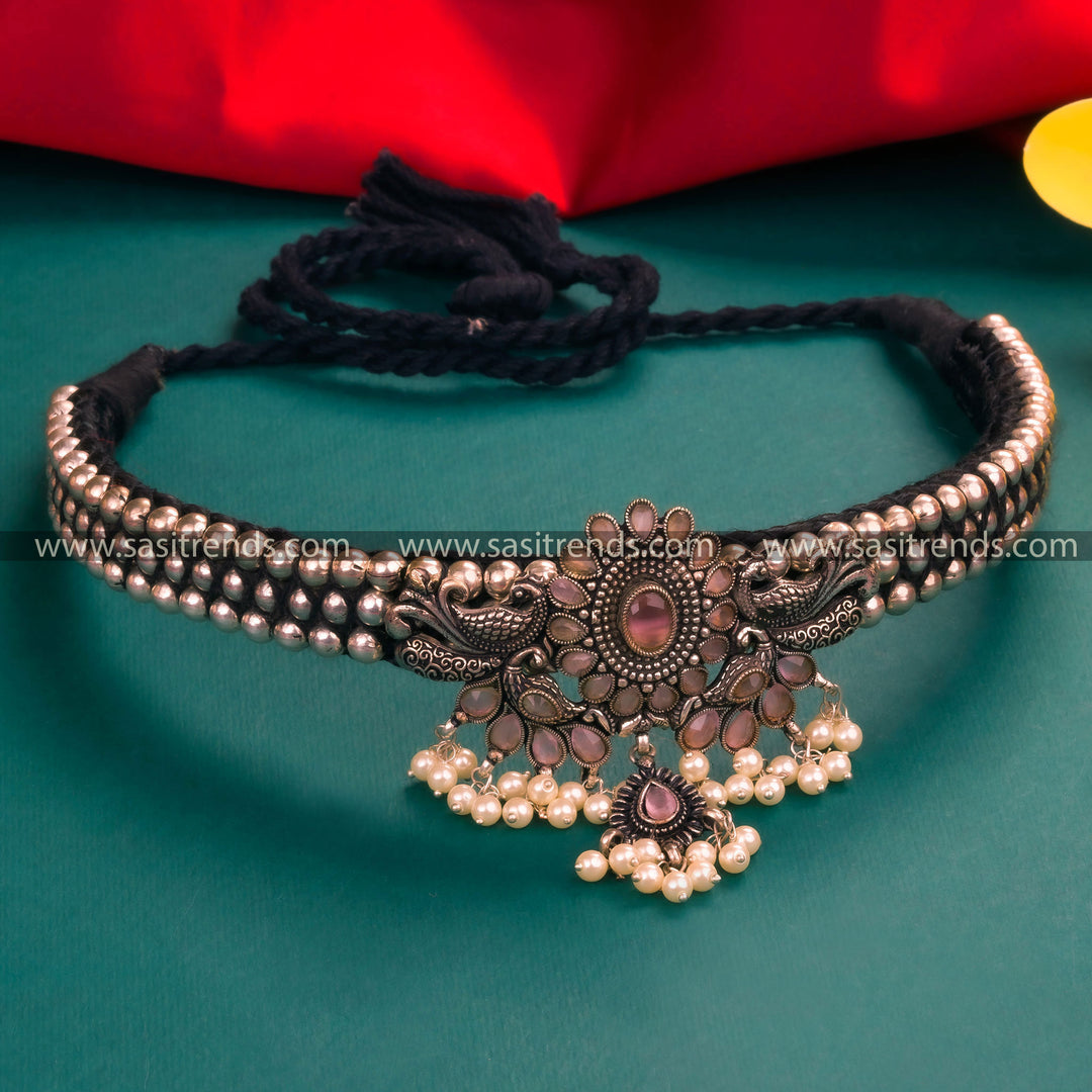 Navarathiri Special Pink Peacock Pendant Choker Necklace with Pearls & German Silver Beads