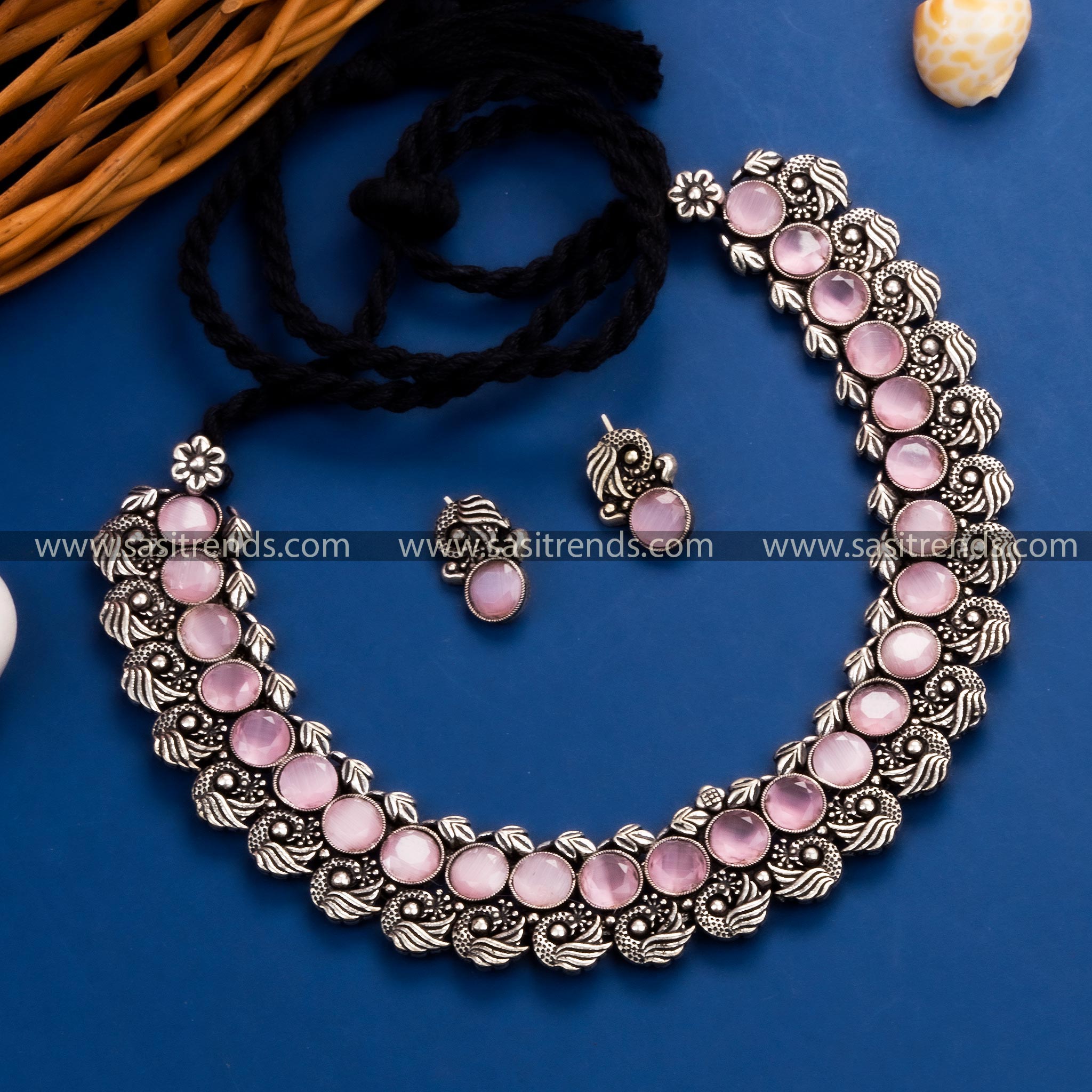 Stunning Pink Stone Peacock Kushi Oxidized German Silver Necklace Set for Party Wear