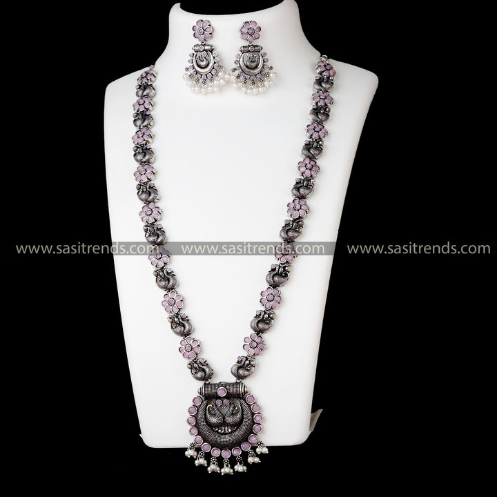 Trendy Oxidized German Silver Long Necklace Set with Peacock Chandbali Pendant and Pink Stones