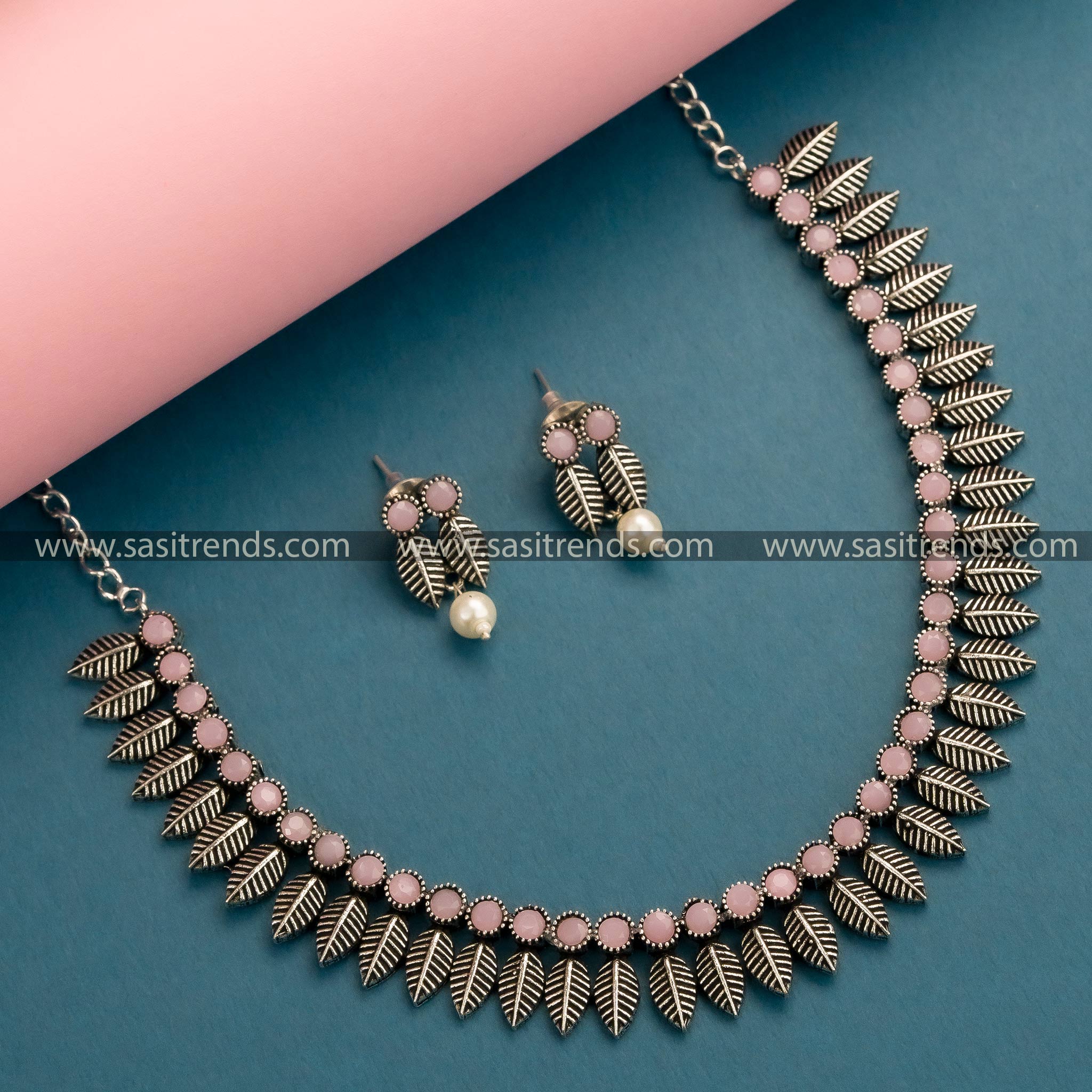 Charming Oxidized German Silver Necklace with Pink Stones and Leaf Patterns - Latest Women's Jewelry Set