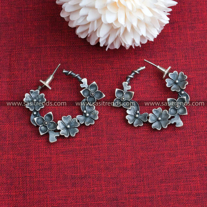 Oxidised Silver Look Floral Hoop Earrings with Leaf Pattern | Sasitrends