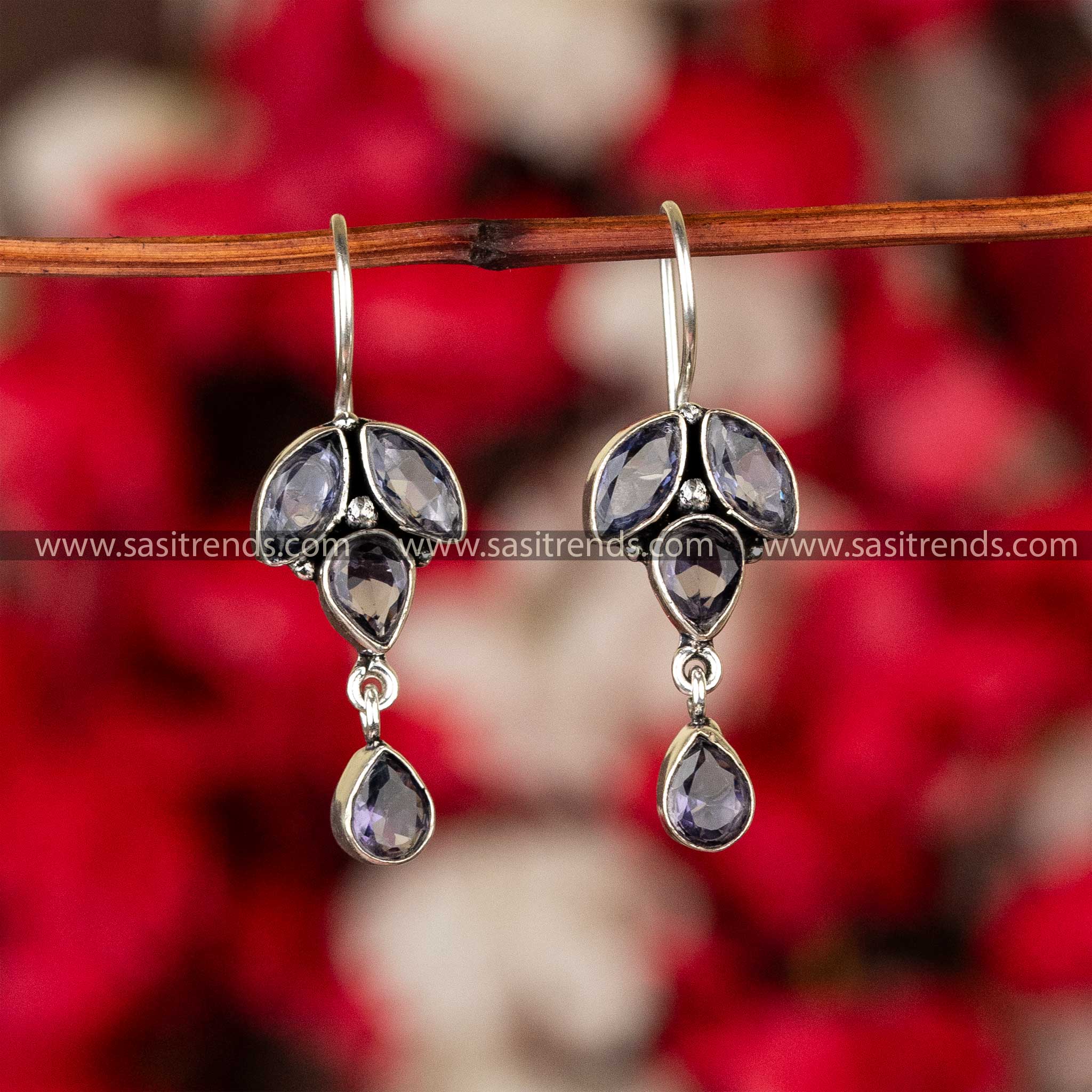 Purple Glittering Stone Studded Fish Hook Earrings