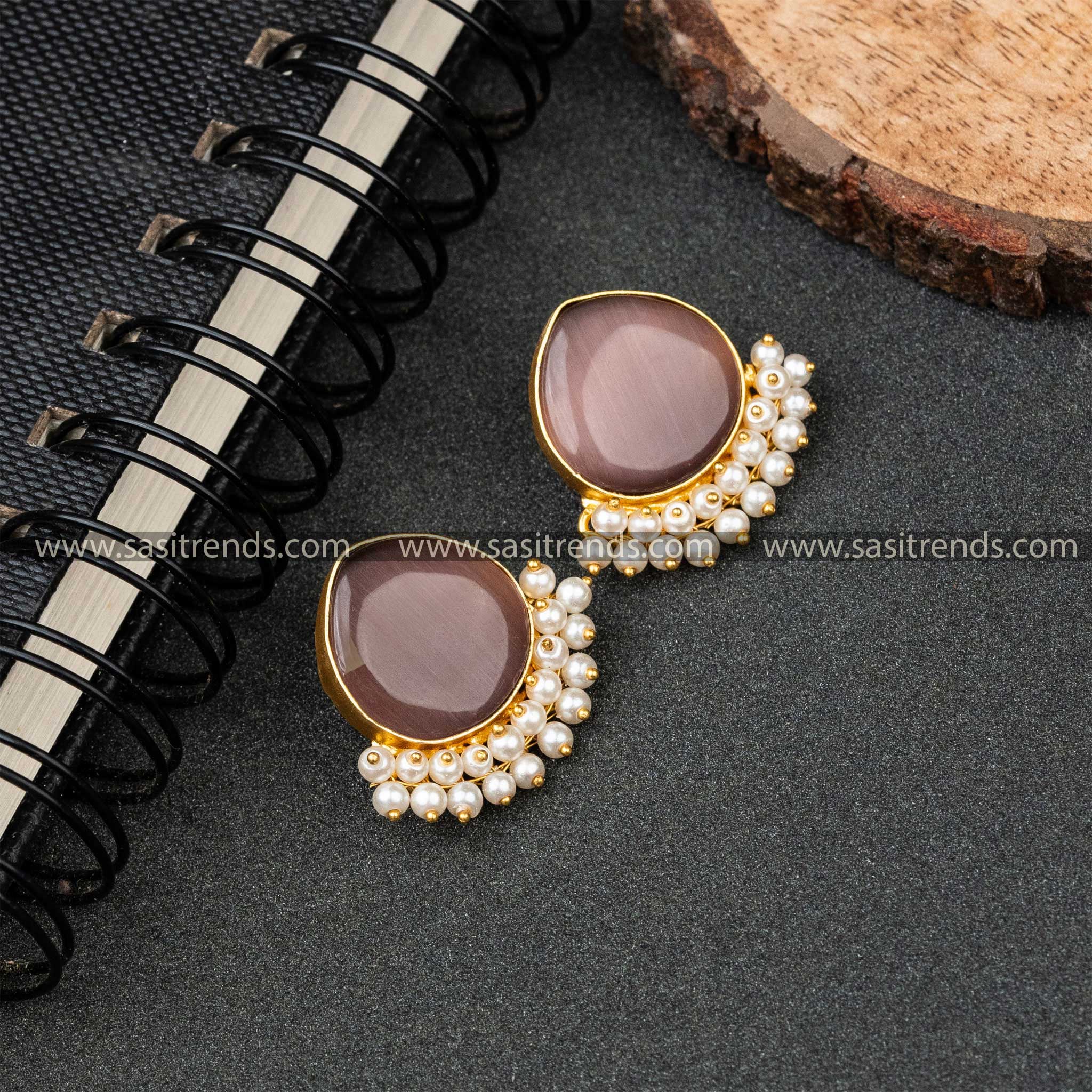 Stylish Gold Plated Pearl Hanging Monalisa Stone Studded Earrings