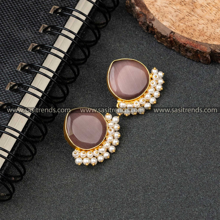 Stylish Gold Plated Pearl Hanging Monalisa Stone Studded Earrings