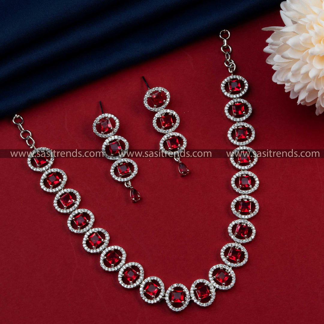 Gorgeous Red Stone Rhodium Silver Plated Party Necklace Set - American Diamonds and Stunning Oval Design