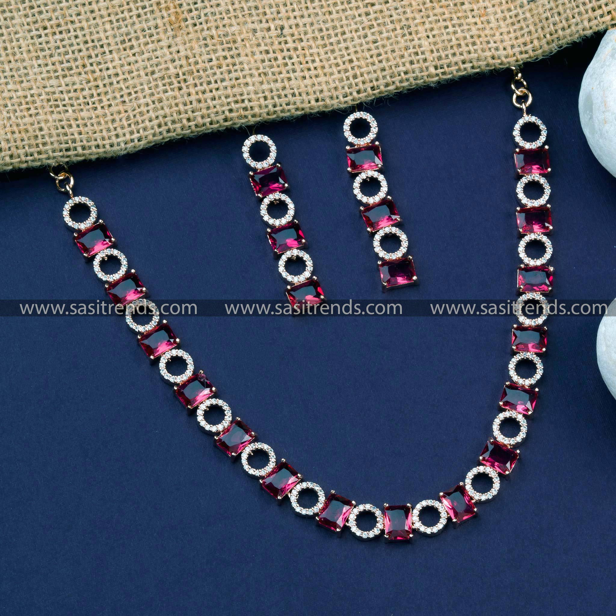 Dazzling Rose Gold Plated AD Necklace Set with Striking Red Stones - Party Perfection