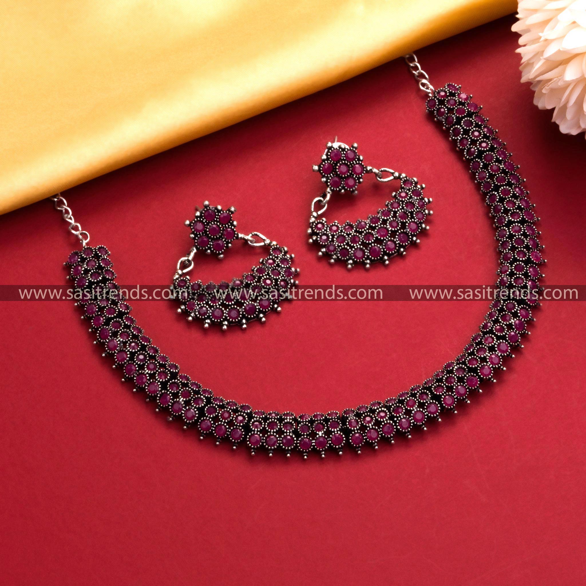 Oxidised German Silver Necklace Set with Ruby Stones - Party Wear Collection