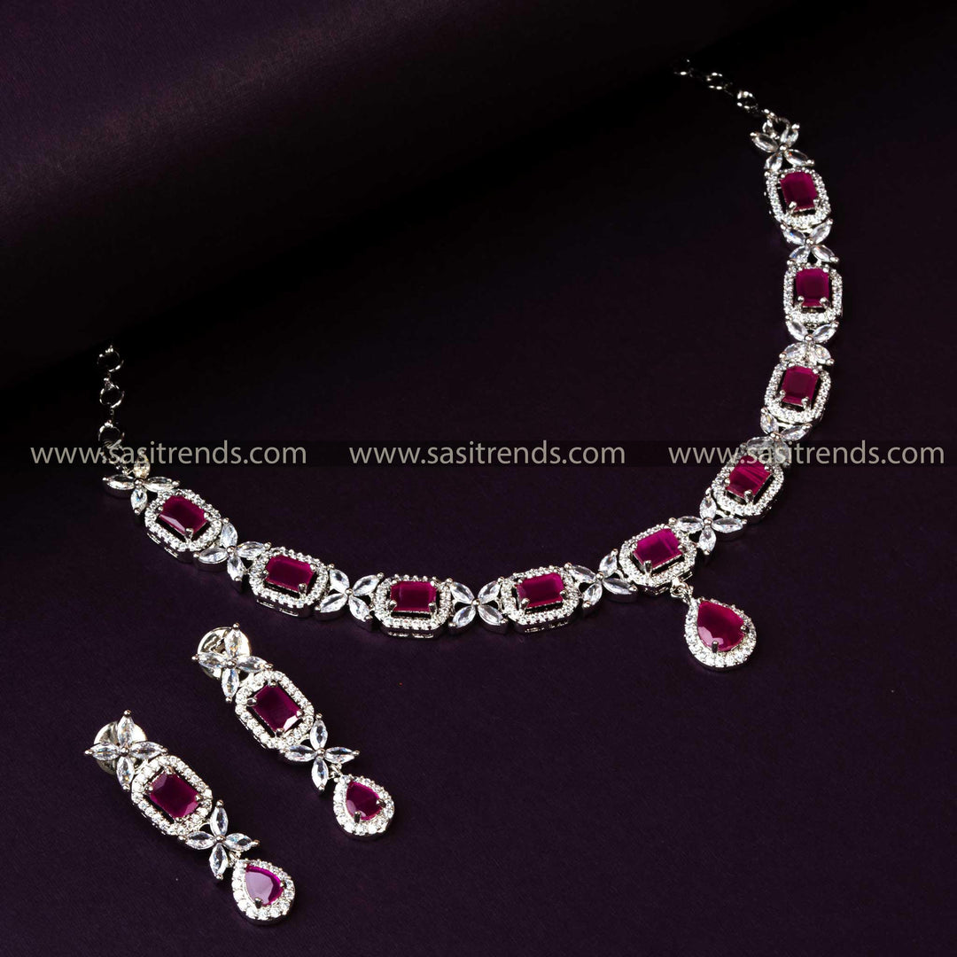 Rhodium Silver Plated Necklace Set with Ruby American Diamond Stones