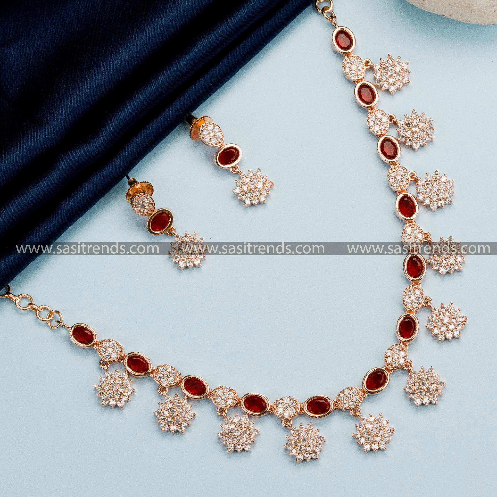 Radiant Red Elegance - Rose Gold Floral Necklace Set with American Diamond Stones for Trendy Parties