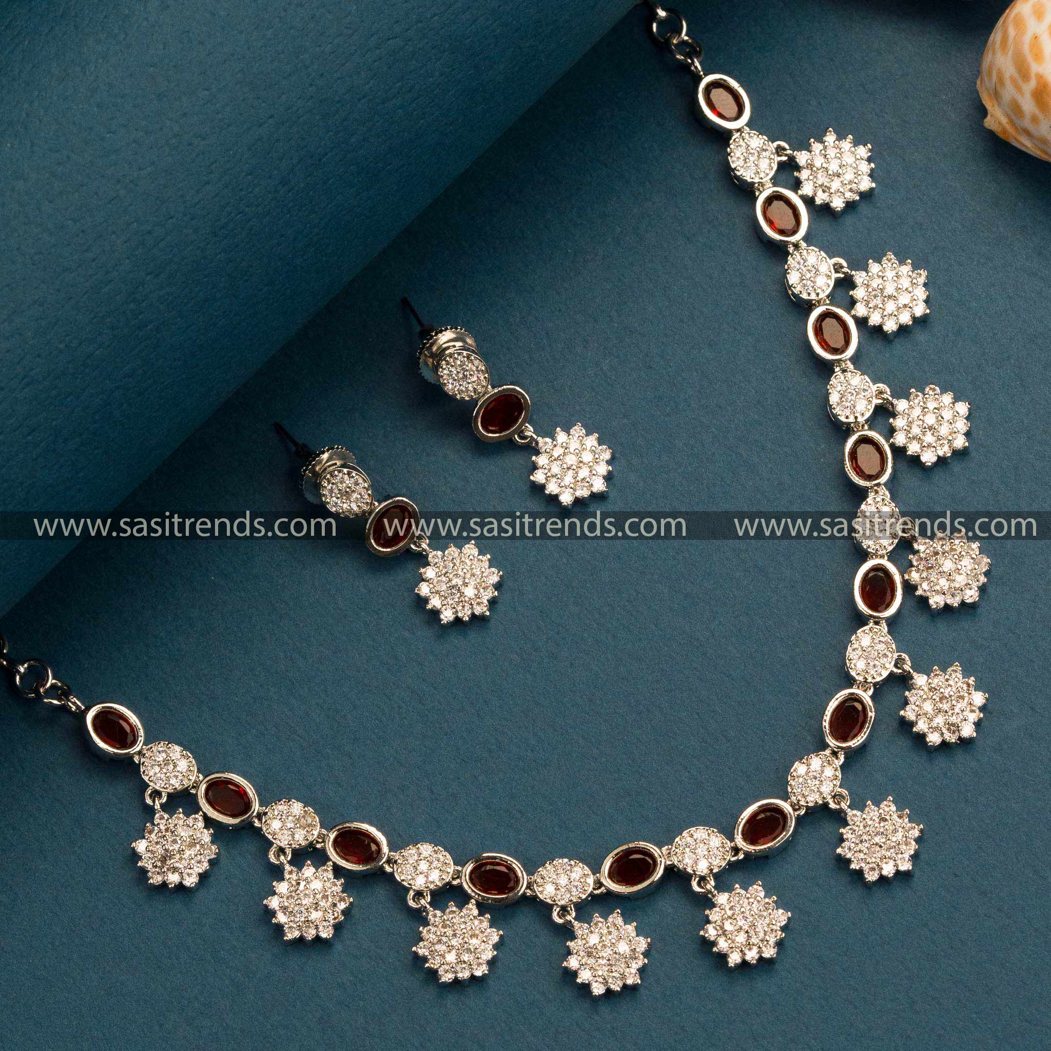 Sophisticated Red Floral Necklace Set with American Diamond Stones - Rhodium Silver Plated Trendy Party Wear Jewelry