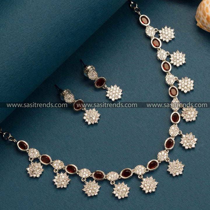 Sophisticated Red Floral Necklace Set with American Diamond Stones - Rhodium Silver Plated Trendy Party Wear Jewelry