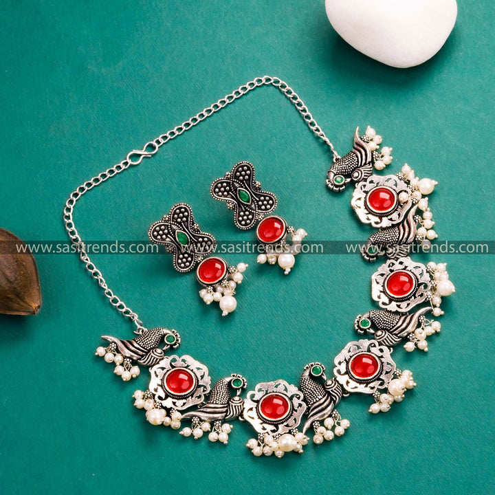 Stunning Red-Green  Stone Jewelry: Floral and Peacock Motifs Oxidised German Silver Pearl Necklace Set with Earrings