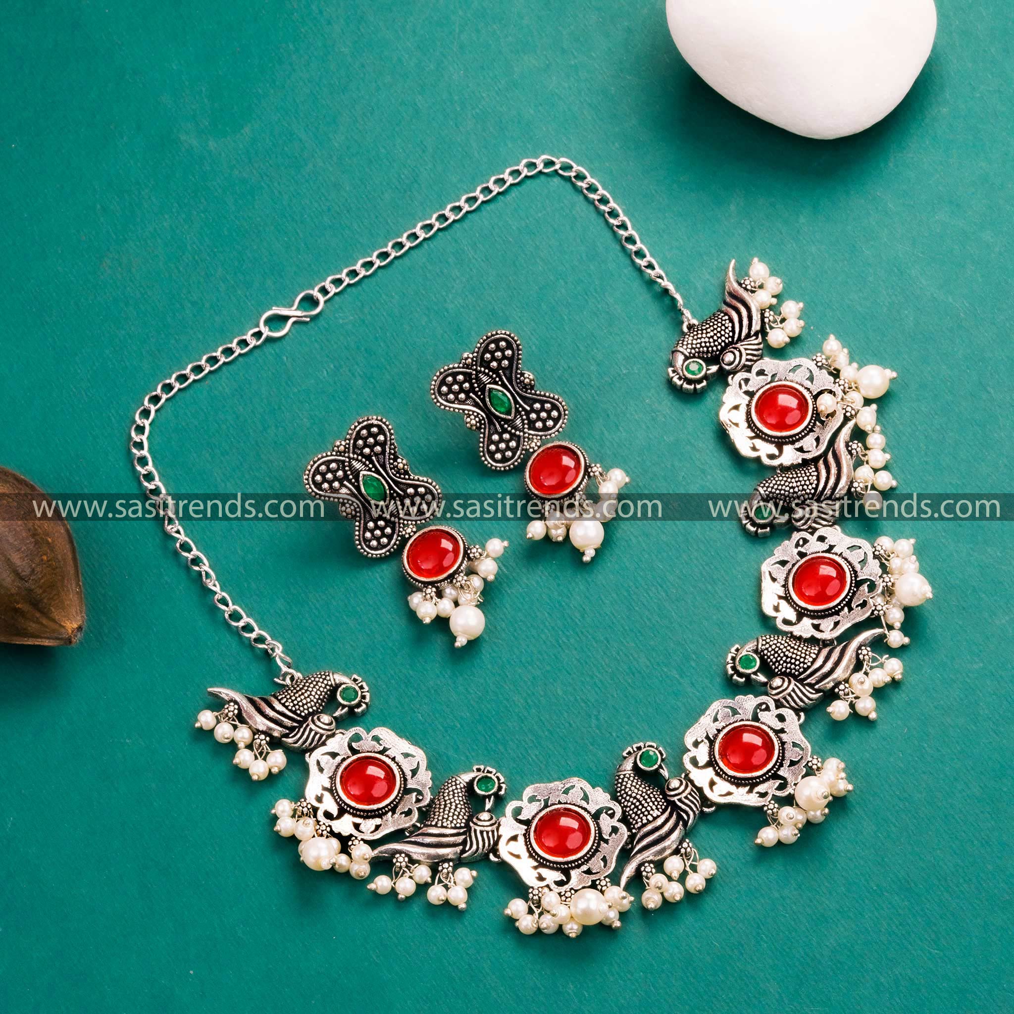 Marvelous Side Peacock Oxidised German Silver Necklace Set - South