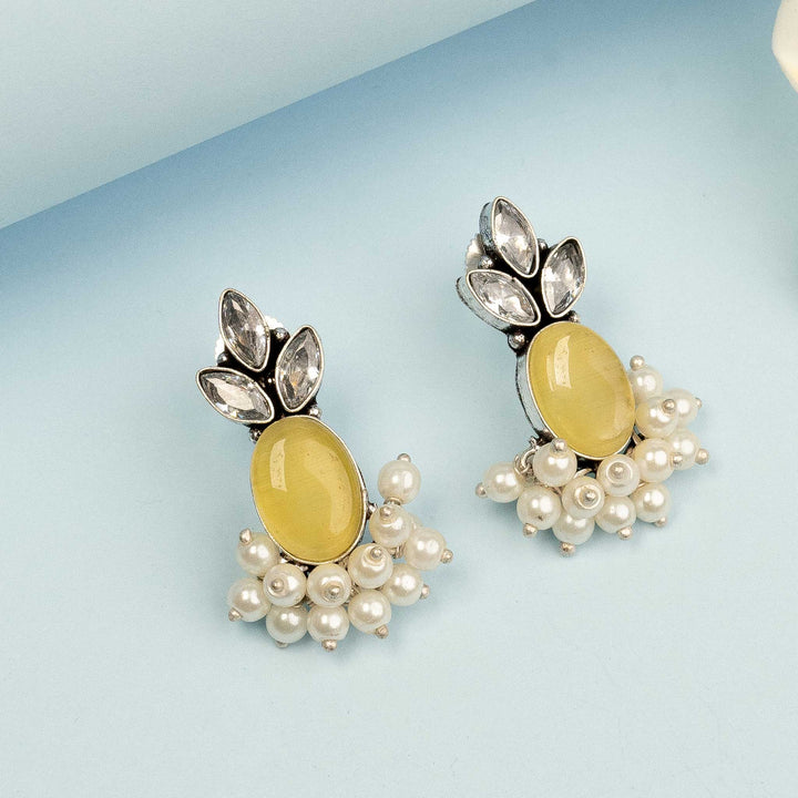 Radiant Lemon Yellow Monalisa Stone Earrings with Oxidised Silver Finish