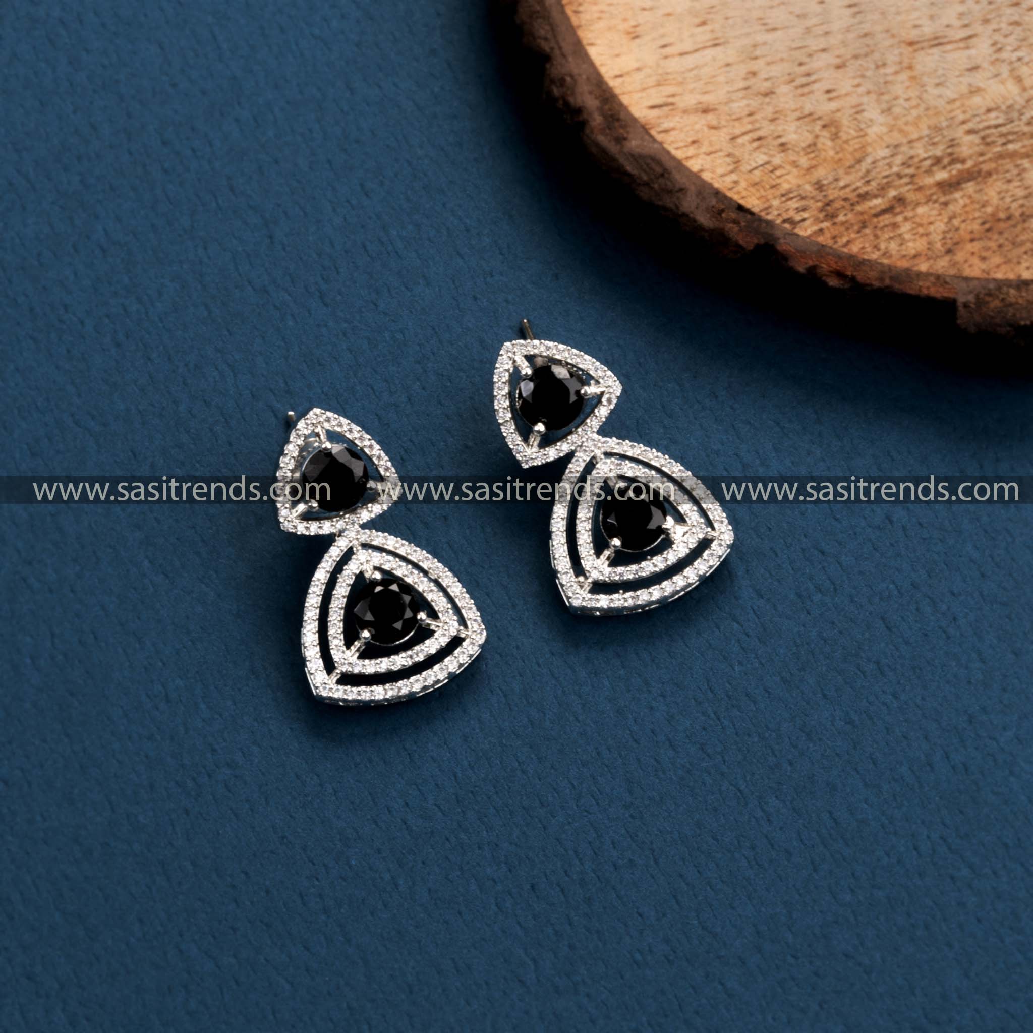 Stunning Rhodium Silver Earrings with Black Stones, Floral & Triangle Pattern, Perfect Party Wear Look, American Diamonds