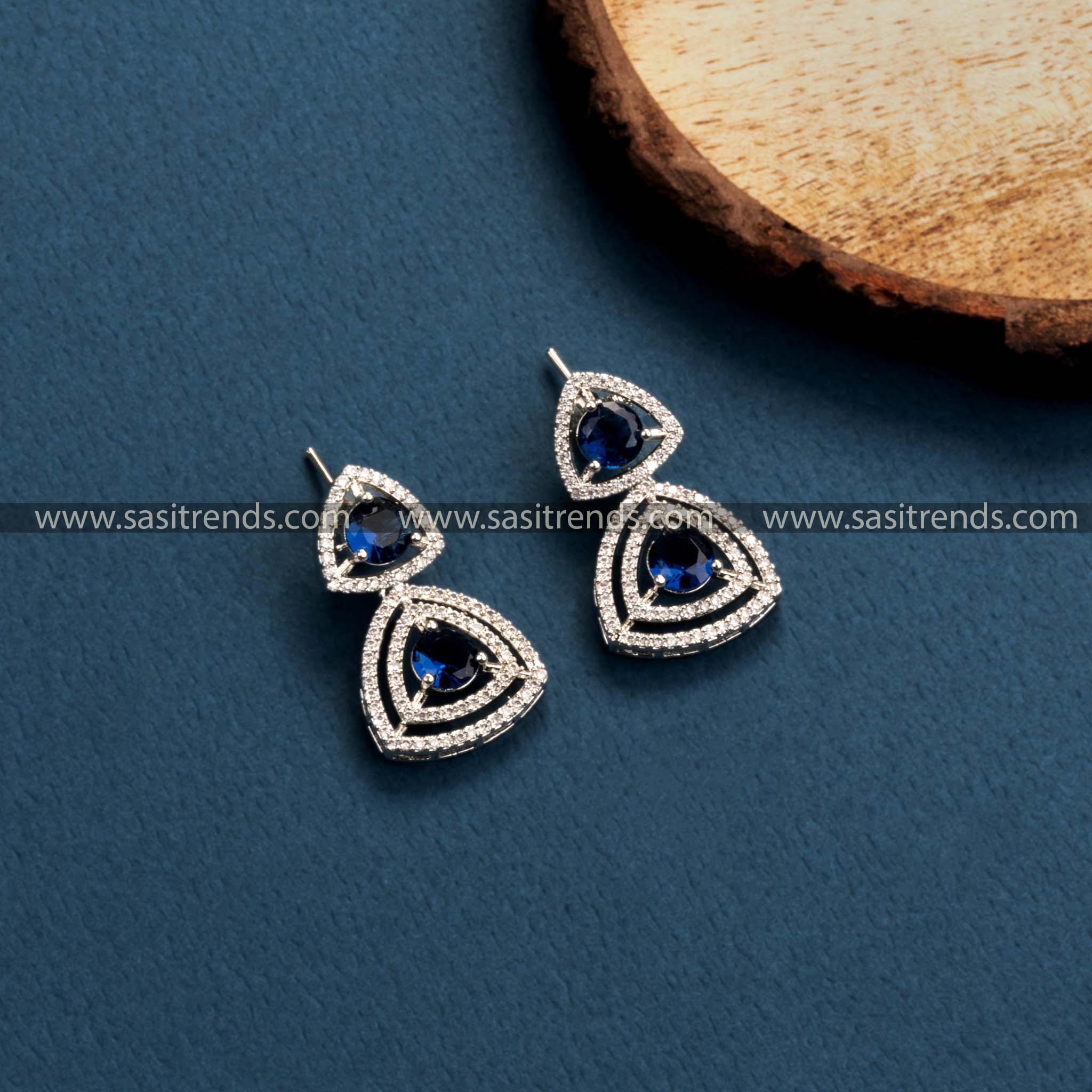 Mesmerizing Rhodium Silver Earrings with Blue Stones, Floral & Triangle Pattern, American Diamonds, Perfect Party Accessory