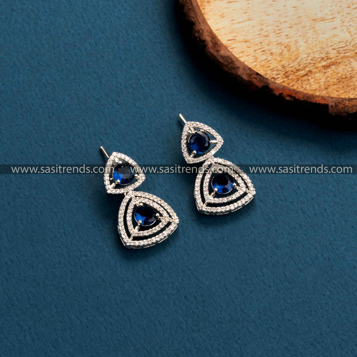 Mesmerizing Rhodium Silver Earrings with Blue Stones, Floral & Triangle Pattern, American Diamonds, Perfect Party Accessory