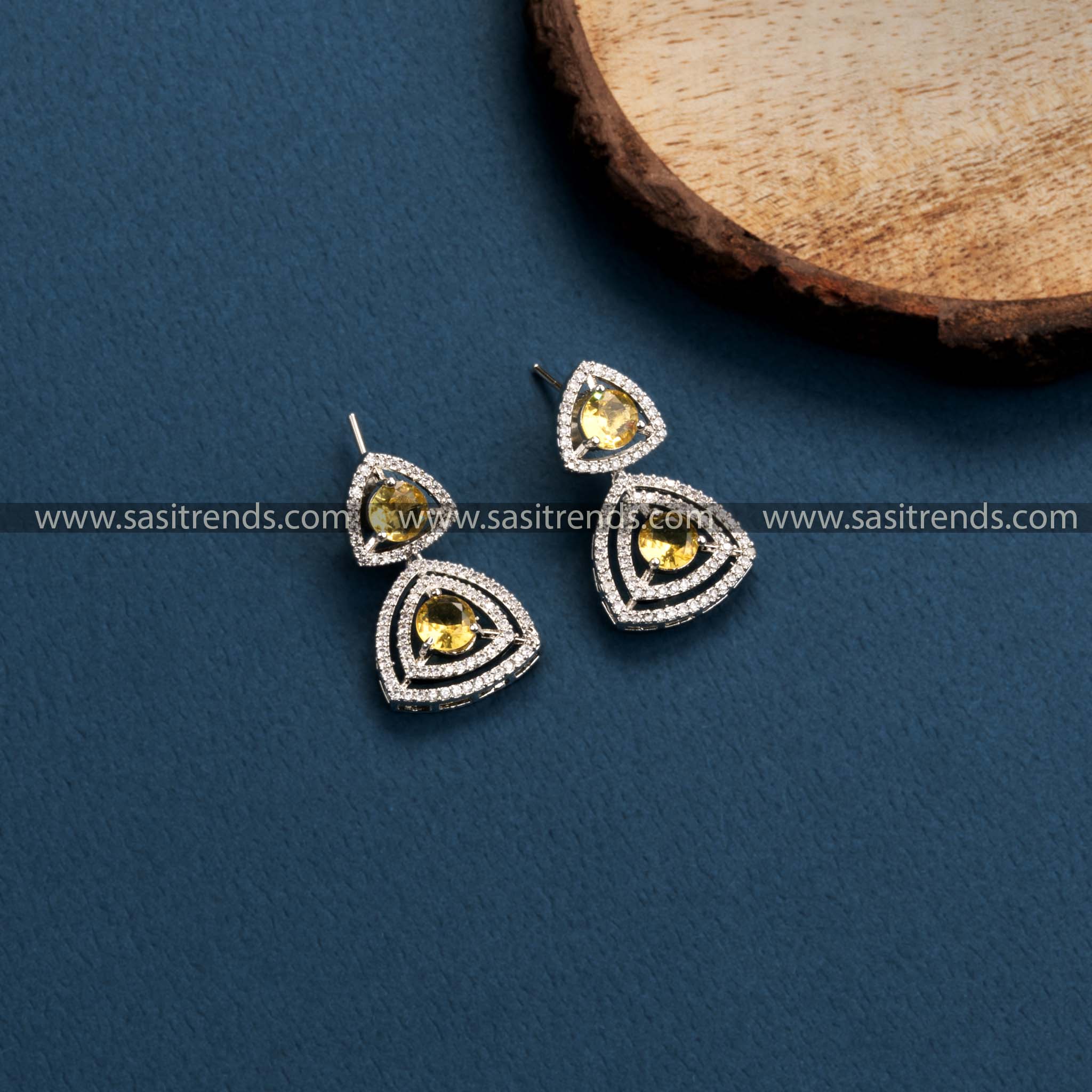 Glamorous Rhodium Silver Earrings with LCD Yellow Stones, Floral & Triangle Pattern, American Diamonds