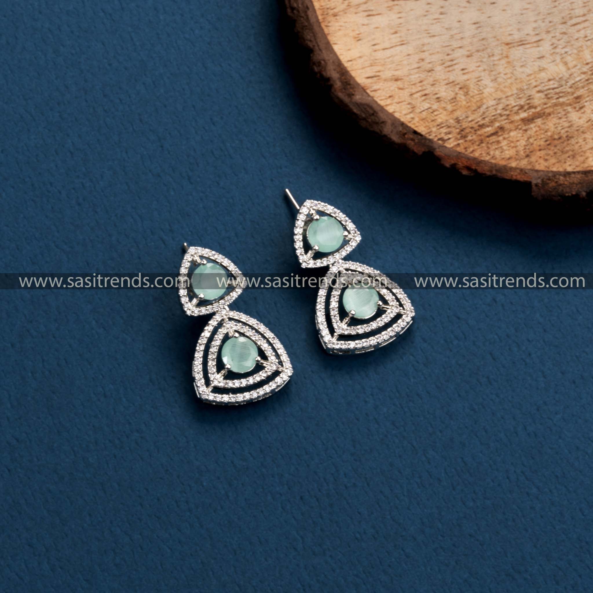 Chic Rhodium Silver Earrings with Mint Stones, Floral & Triangle Pattern, American Diamonds, Stylish Party Wear 