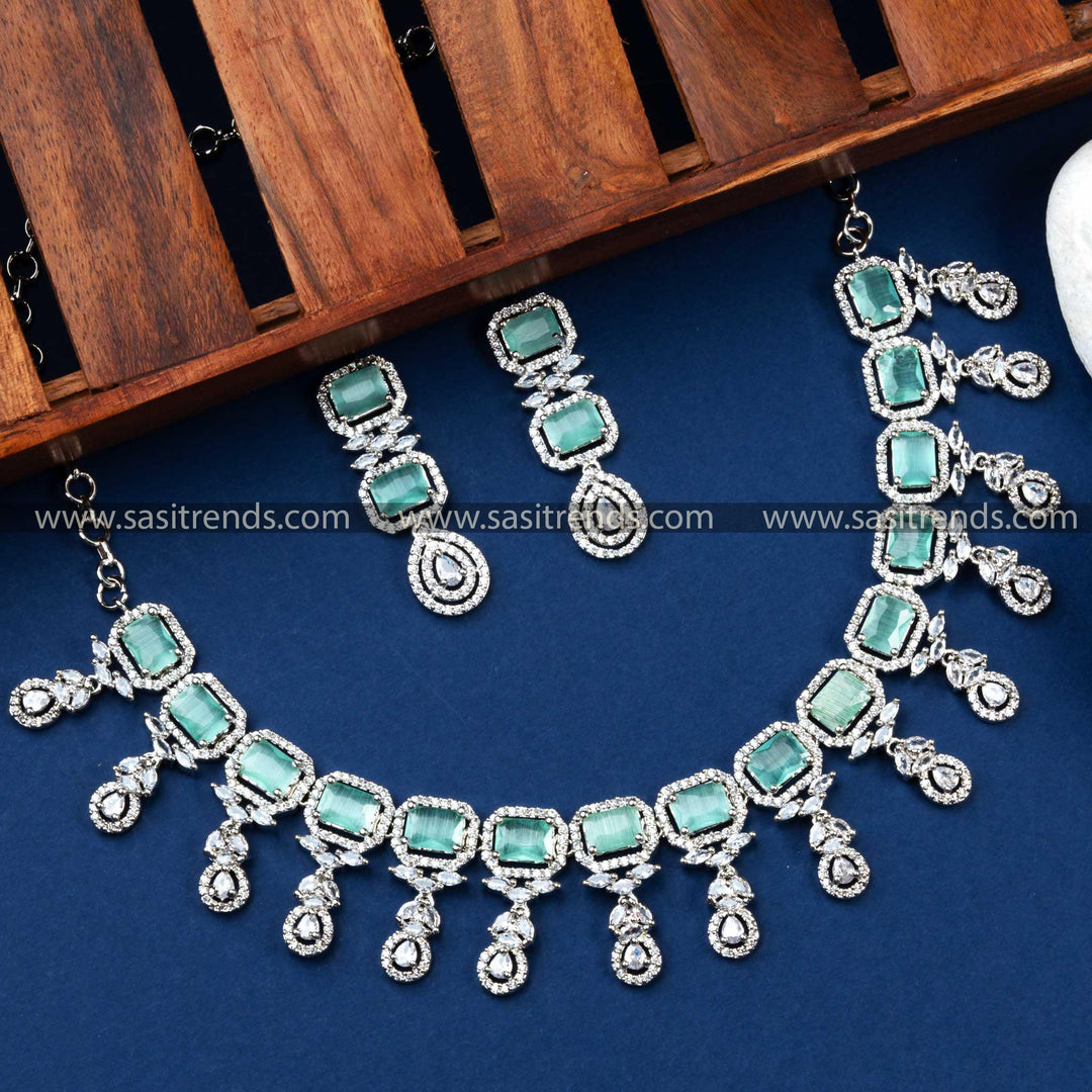 Stylish Mint Stone Party-Wear AD Necklace Set with Floral Design - Enhance Your Beauty with This Unique Rhodium Silver Jewelry.