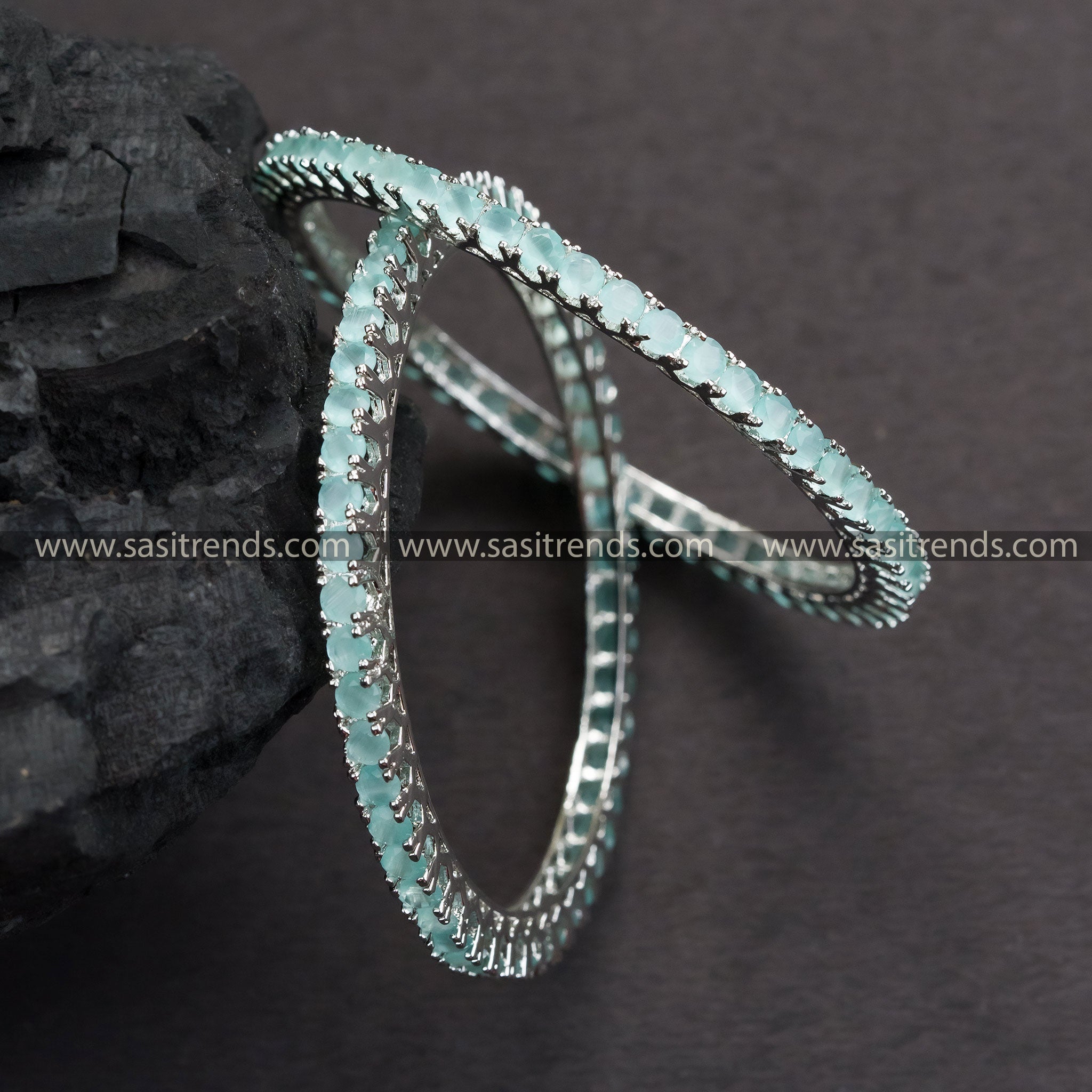 Party Wear Rhodium Silver Bangles with Mint Green AD Stones