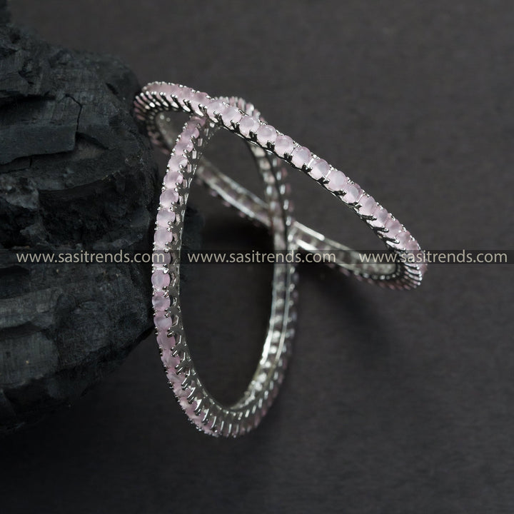 Trendy Rhodium Silver Plated Bangles with Pink AD Stones - Perfect Party Wear