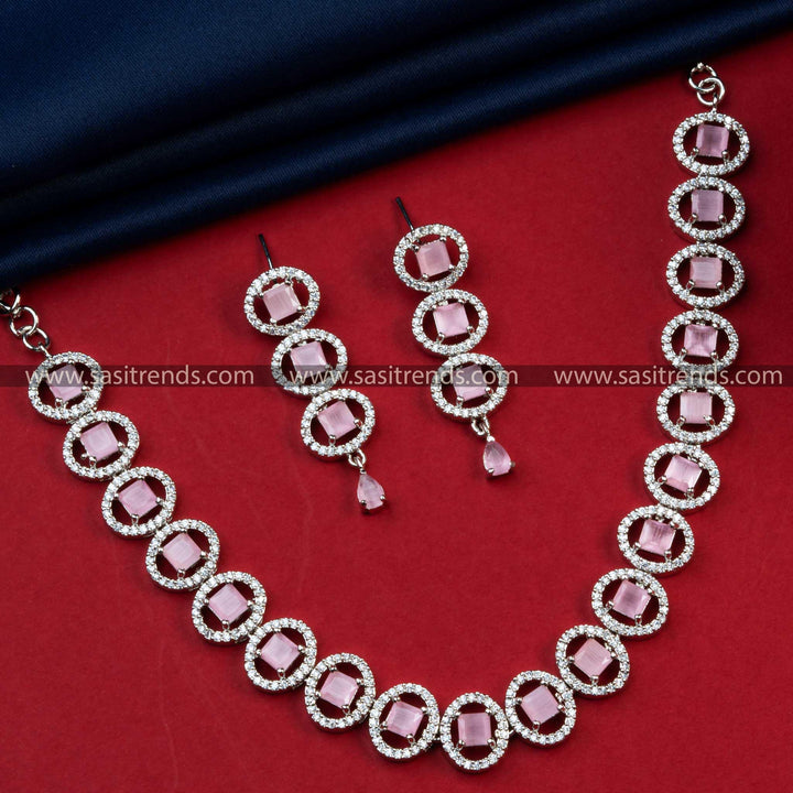 Charming Pink AD Stone Rhodium Silver Plated Necklace Set - Oval Pattern Party Wear Jewelry with Earrings