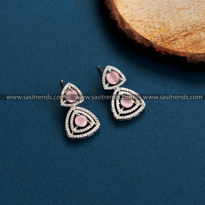 Charming Rhodium Silver Earrings with Pink Stones, Floral & Triangle Pattern, American Diamonds, Ideal for Parties