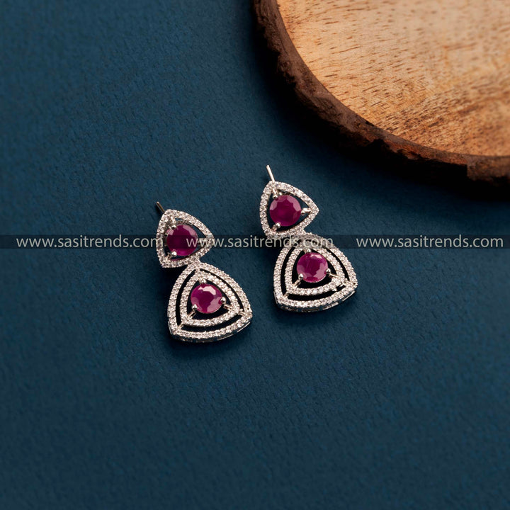 Elegant Rhodium Silver Earrings with Ruby Stones, Floral & Triangle Pattern, American Diamonds, Perfect for Parties