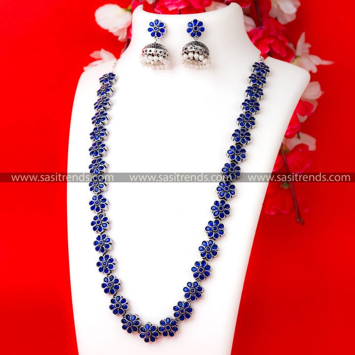 Captivating Blue Stone Floral Necklace Set - Trendy Party Wear Oxidised German Silver Jewelry with Floral Motifs and Blue Gemstones