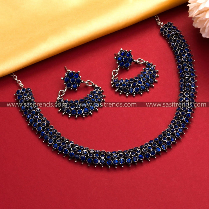 Party Wear Oxidized German Silver Necklace Set with Blue Stones - Trendy Festive Jewelry