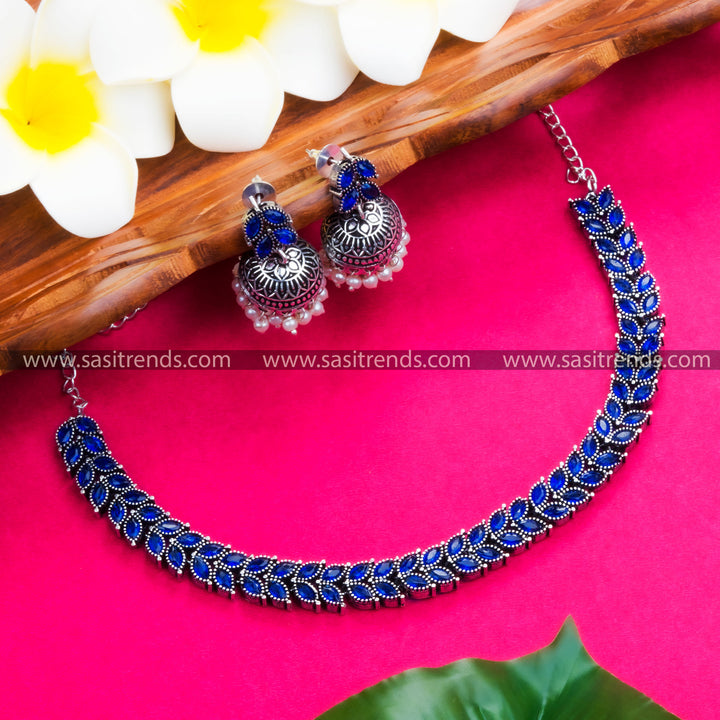 Chic Oxidised German Silver Leaf Necklace with Jhumkas - Blue Stone Elegance, Party-Ready Accessory