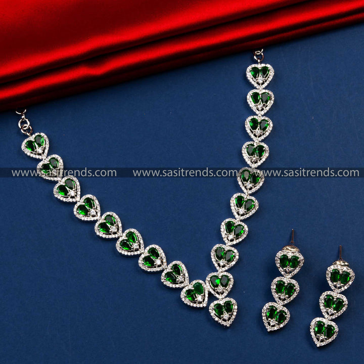 Stunning Party Wear Rhodium Silver Plated Heart Motif American Diamond Jewellery Set | Sasitrends