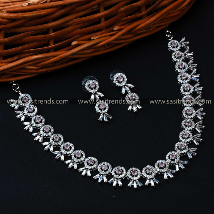 Party Wear Necklace Set with Beautiful Pink Stones - Rhodium Silver Plated