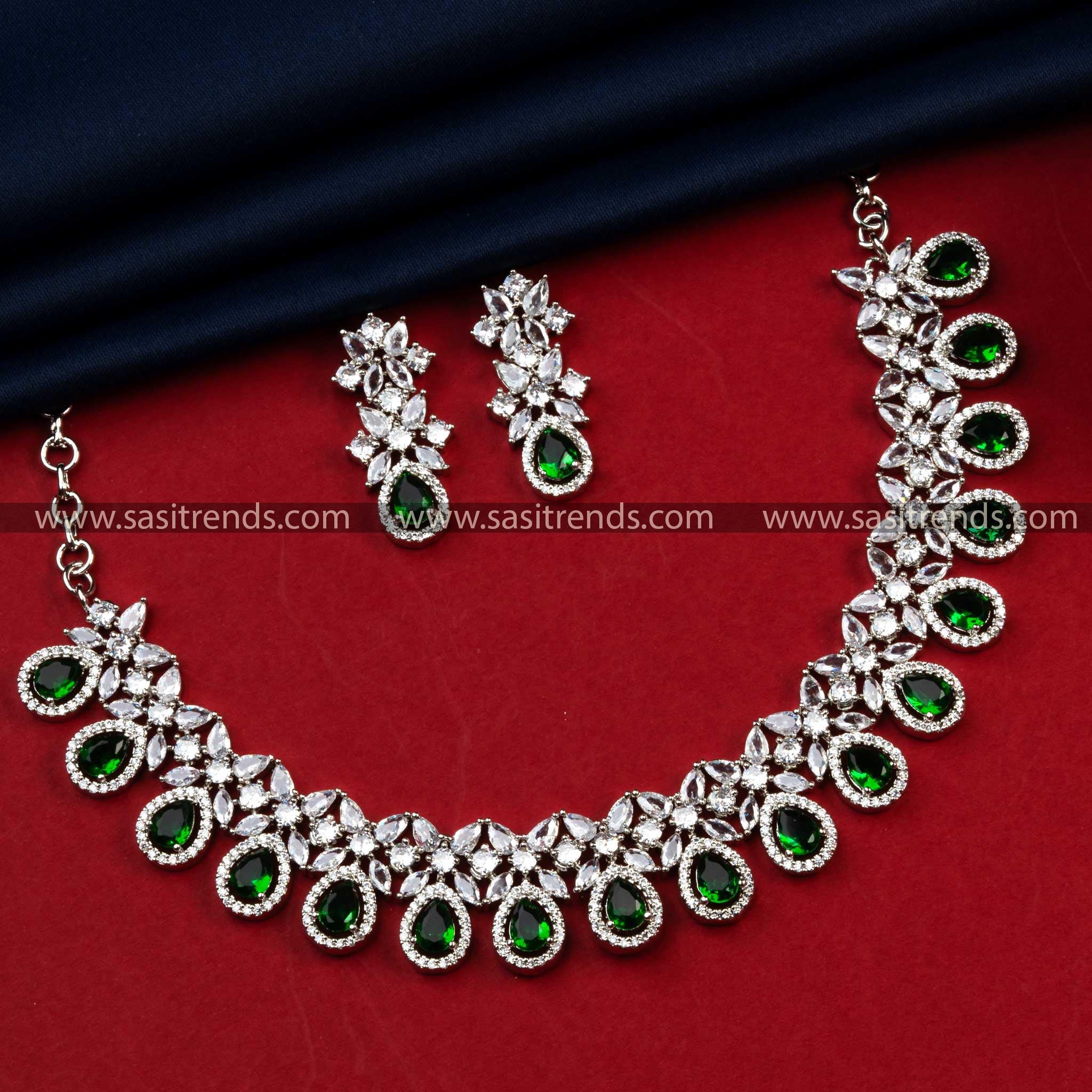 Elevate Your Style with Rhodium Silver Plated Necklace adorned with AD Mint Colored Stones - Perfect for Parties