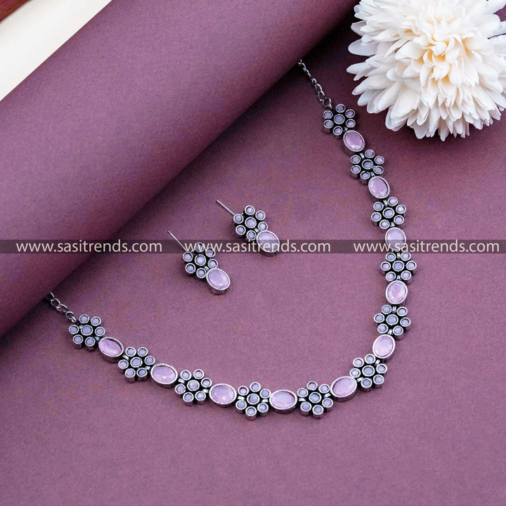 Charming Baby Pink Oxidised German Silver Necklace Jewellery - Floral Beauty