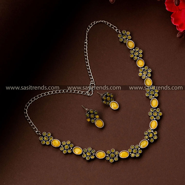 Latest Flower Motif Oxidised German Silver Jewellery Necklace with Earrings - Perfect for Parties and Occasions - Sasitrends